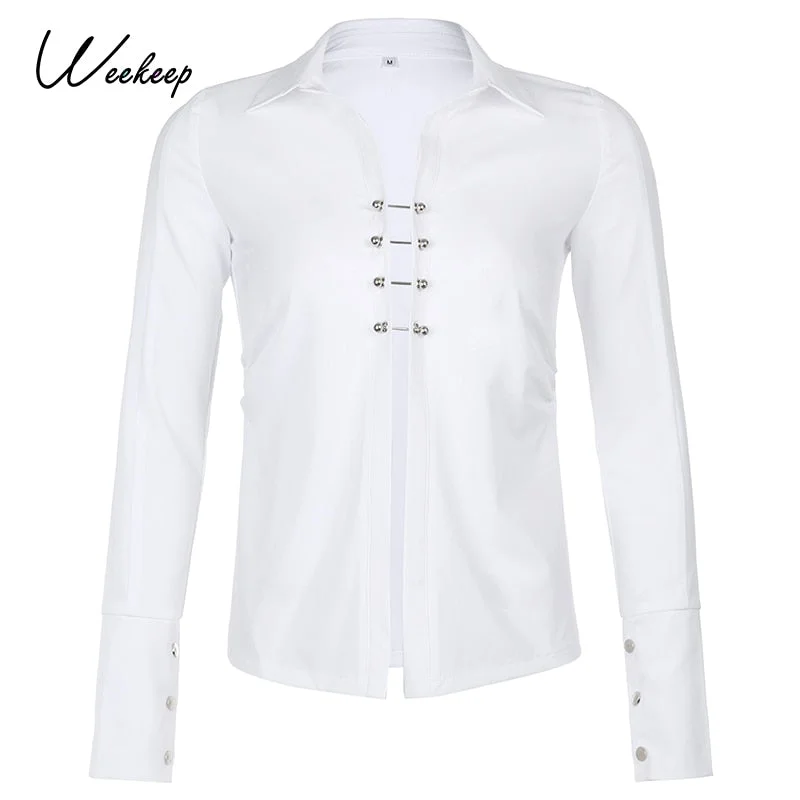 Weekeep Sexy Streetwear White Blouse Women Skinny Hollow Out Cropped Top Party Club V Neck Fashion New Fashion Shirt 2021 Summer