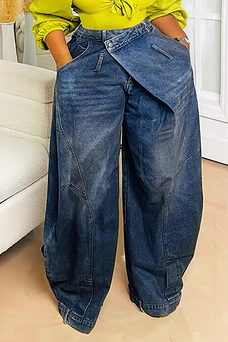 Distressed Denim Asymmetrical High Waist Wide Leg Jeans-Blue