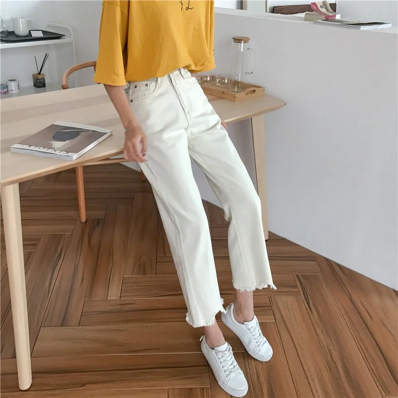 Jeans Women 2020 New Fashionable High Waist Korean Style Irregular Loose Leisure Straight Denim Ankle-length Trousers for Womens