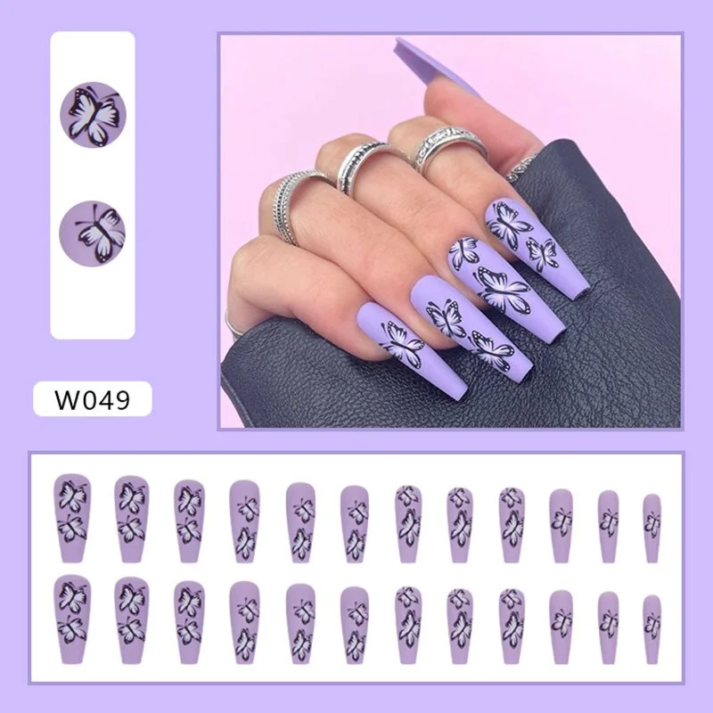 24PCS Purple Butterfly Nail Patch Sweet Style Glue Type Removable Long Paragraph Manicure Save Time False Nail Patch SANA889