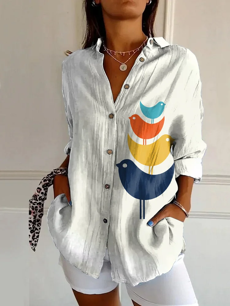 Vintage Bird Art Print Casual Long Sleeve Shirt