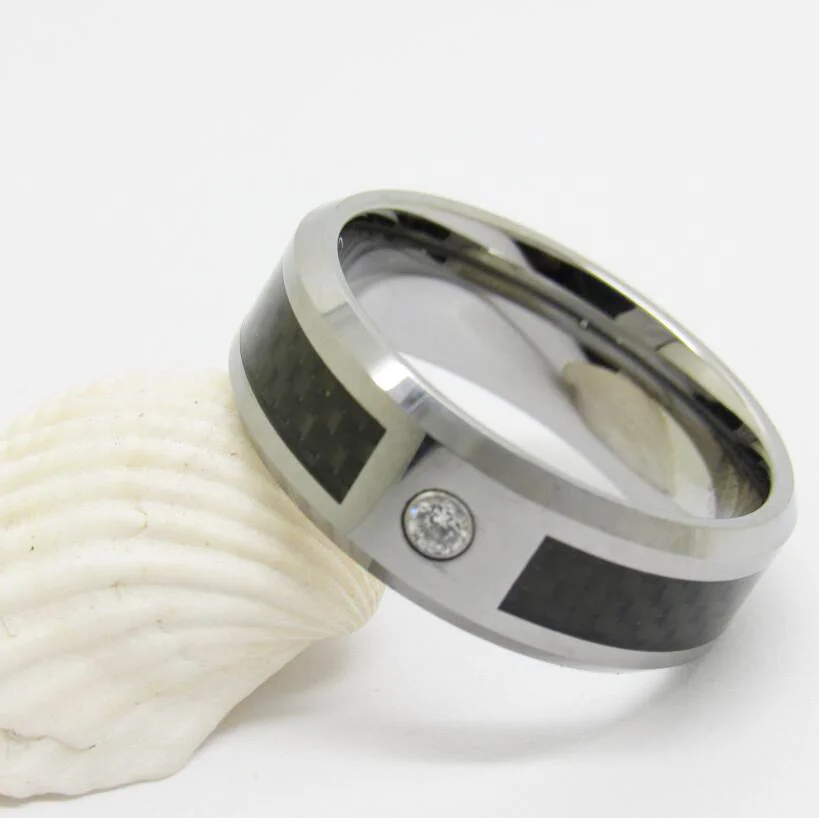 8MM Tungsten Matching Green Cz Carbon Fiber Inlay Mens Womens Wedding Bands