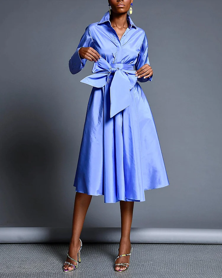 Women's Lapel Long Sleeve Bow Satin Dress