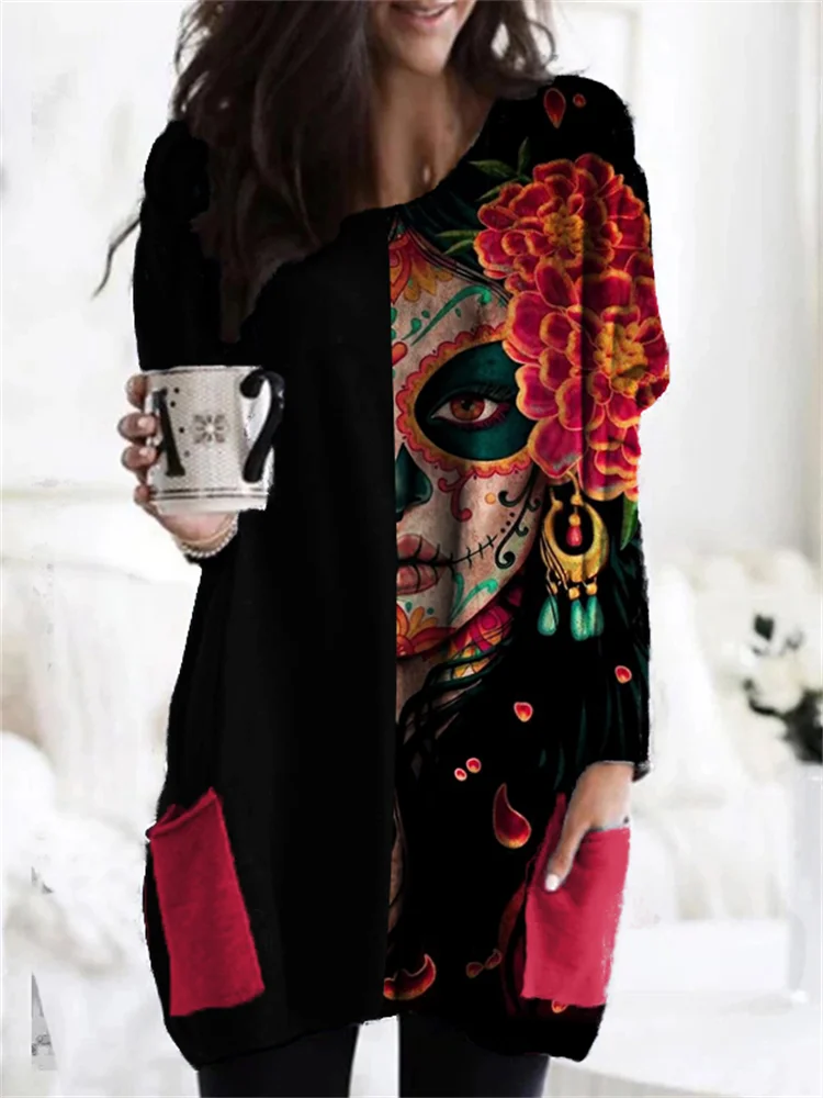 Day Of The Dead Art Patch Pocket Tunic