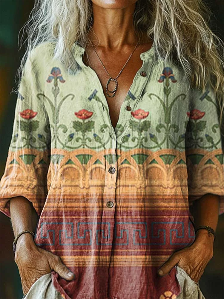 Womens Elegant Geometric Poppy Flower Pattern  Long Sleeve Comfortable Cotton And Linen Shirt
