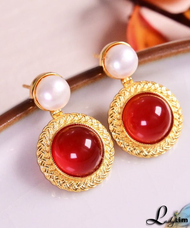 Art Red Sterling Silver Overgild Pearl Agate Stud Earrings
