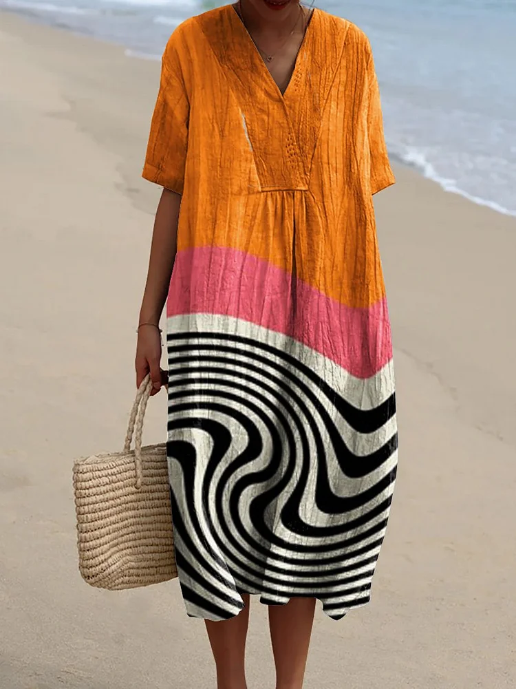 Women's Color-blocked Ripples Watercolor Splash Fluid Art Print Flowy Dress
