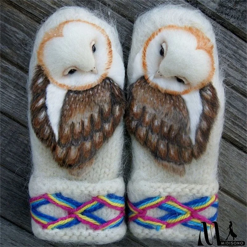 MidiSono - Super Cute 3D Owl Knitted Wool Warm Nordic Mittens for Women