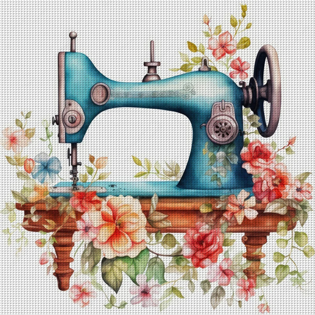 DIY Stamped Cross Stitch 14CT Full Embroidery 40*40cm - Vintage Flower Sewing Machine