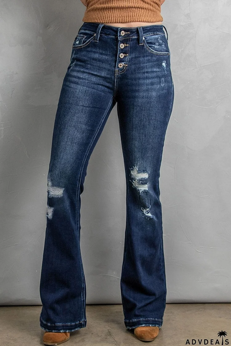 Button Fly Distressed Bootcut Jeans