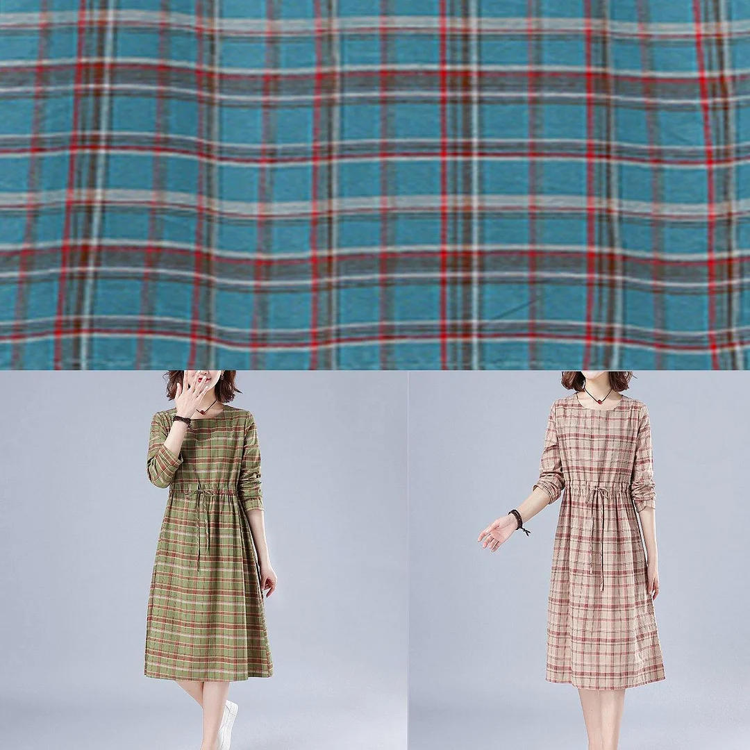 Natural Green Plaid Dresses O Neck Drawstring Knee Spring Dress