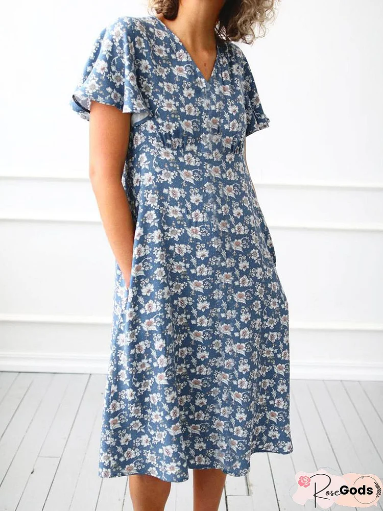 Women Blue V Neck Casual Floral Printed Short Sleeve Women Dress