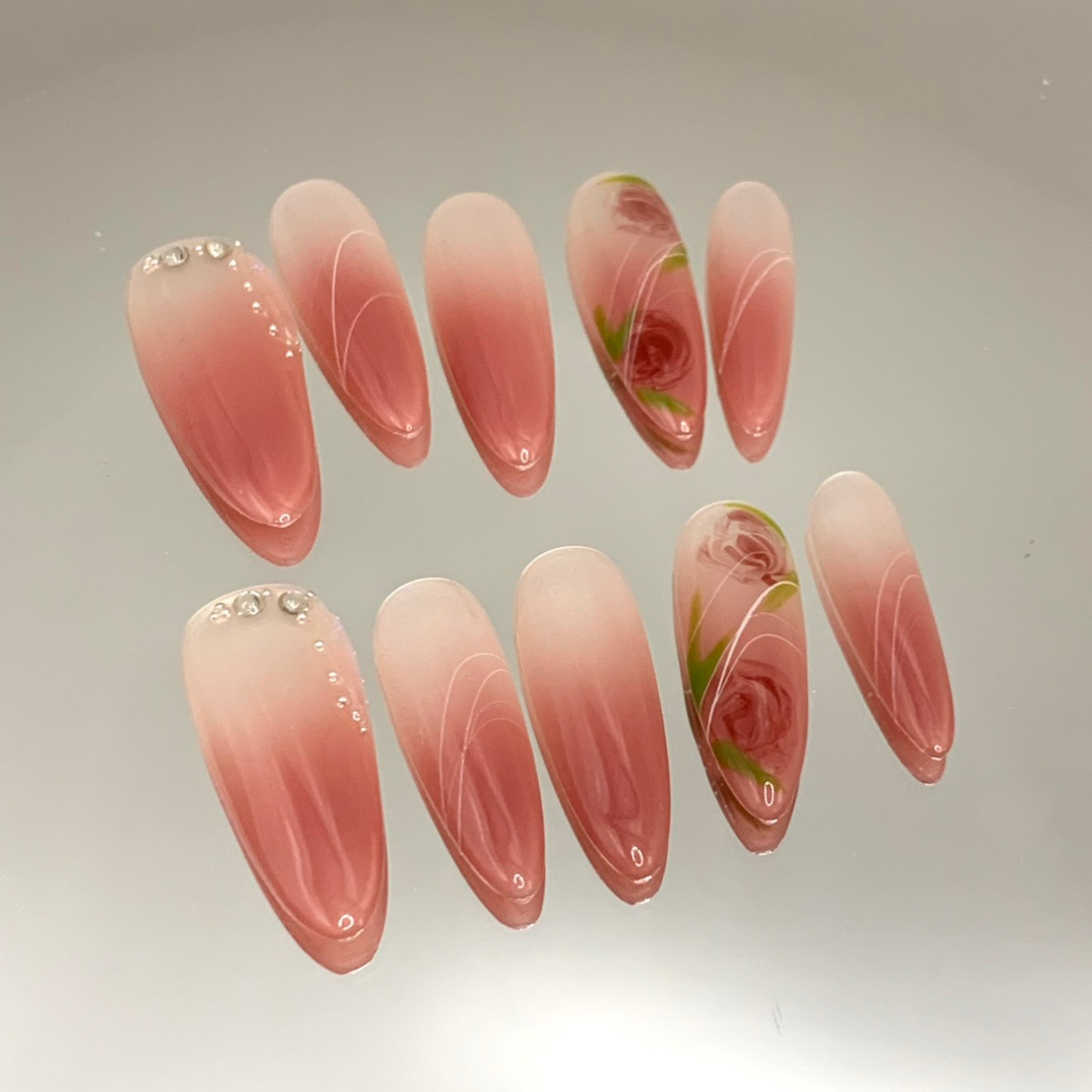 Rose Red Almond Nails with Hand-Painted Roses