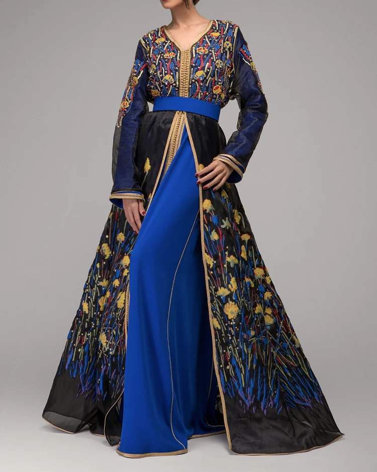 A Line Kaftan Moroccan Robe Embroidered Dress