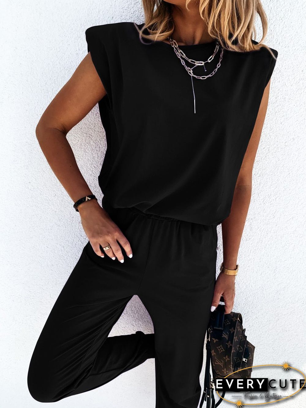 Women'S Sets Solid Sleeveless Padded Tank Top & Pants Two Piece Set