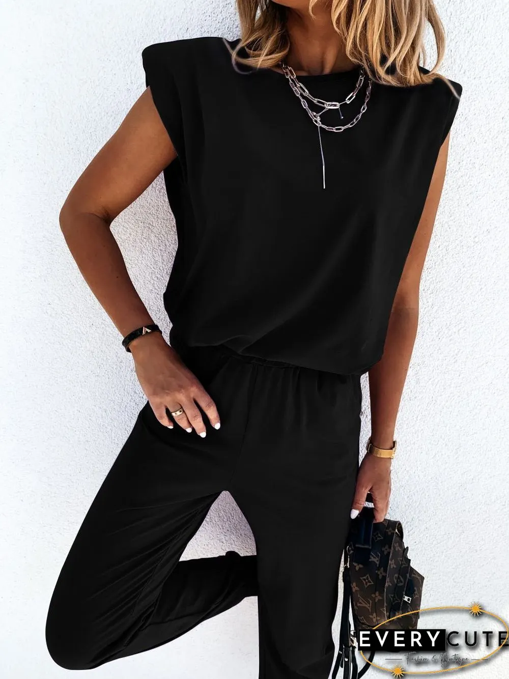 Women'S Sets Solid Sleeveless Padded Tank Top & Pants Two Piece Set