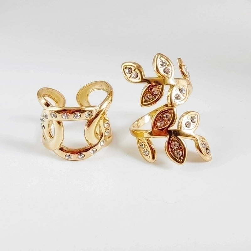 Minimalist Streetwear Leaves 304 Stainless Steel Titanium Steel Rhinestones 18K Gold Plated Inlay Open Rings