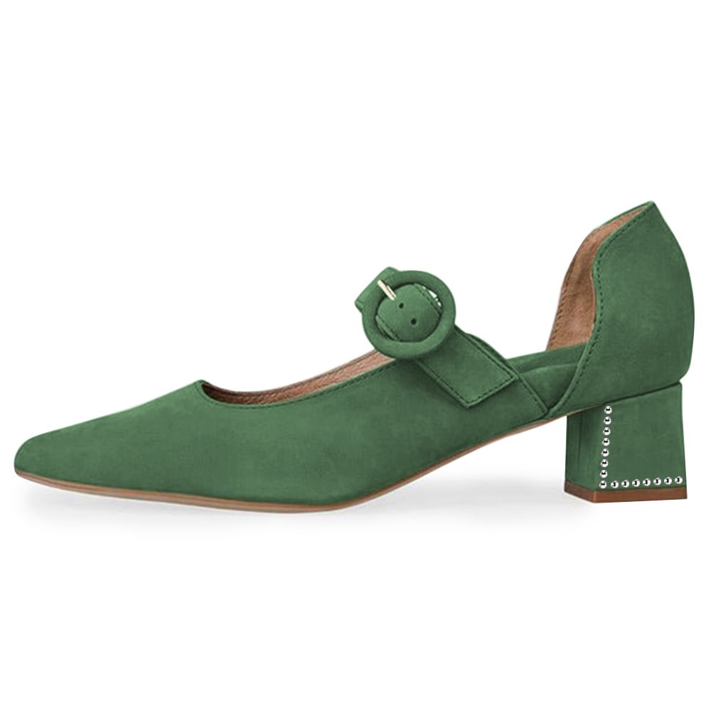 Pointed Toe Leather Pumps Green Decorative Chunky Heels Nicepairs