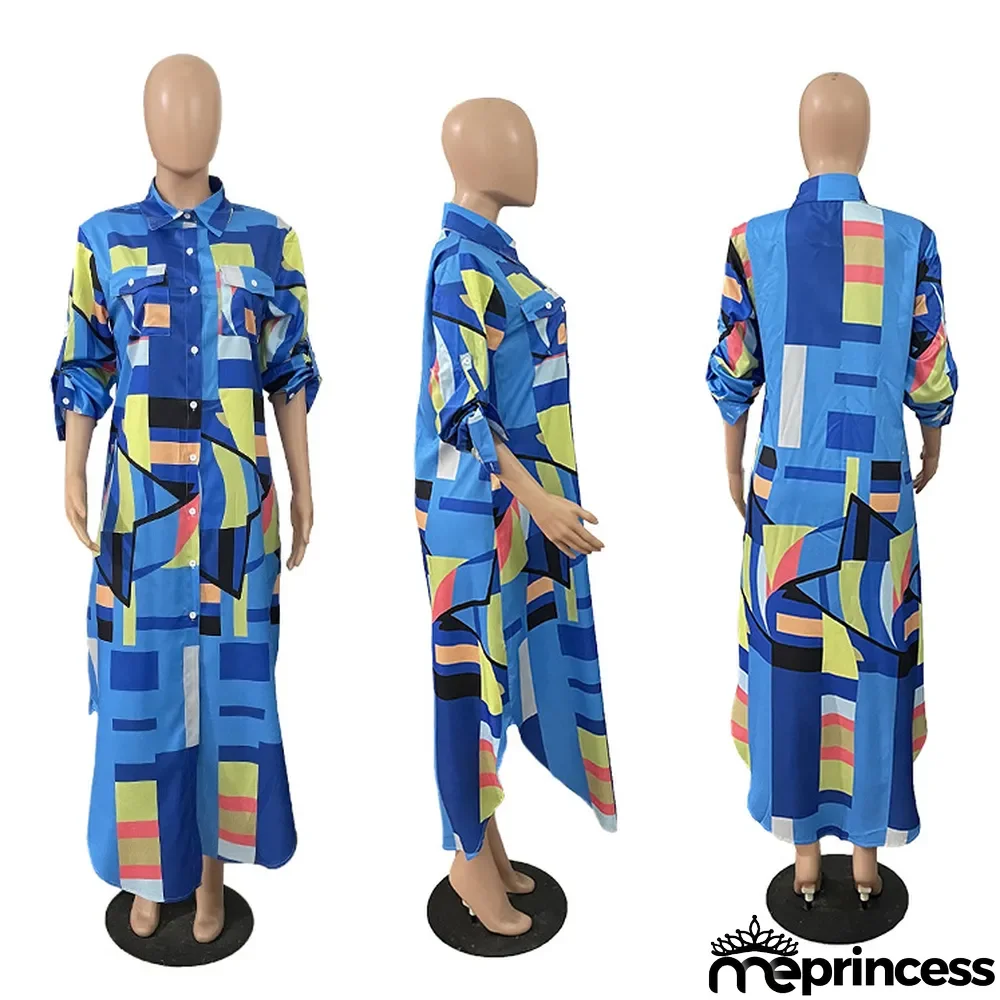 Women Spring Summer Autumn Fashion Sexy Long Shirt Print Casual Long Dress