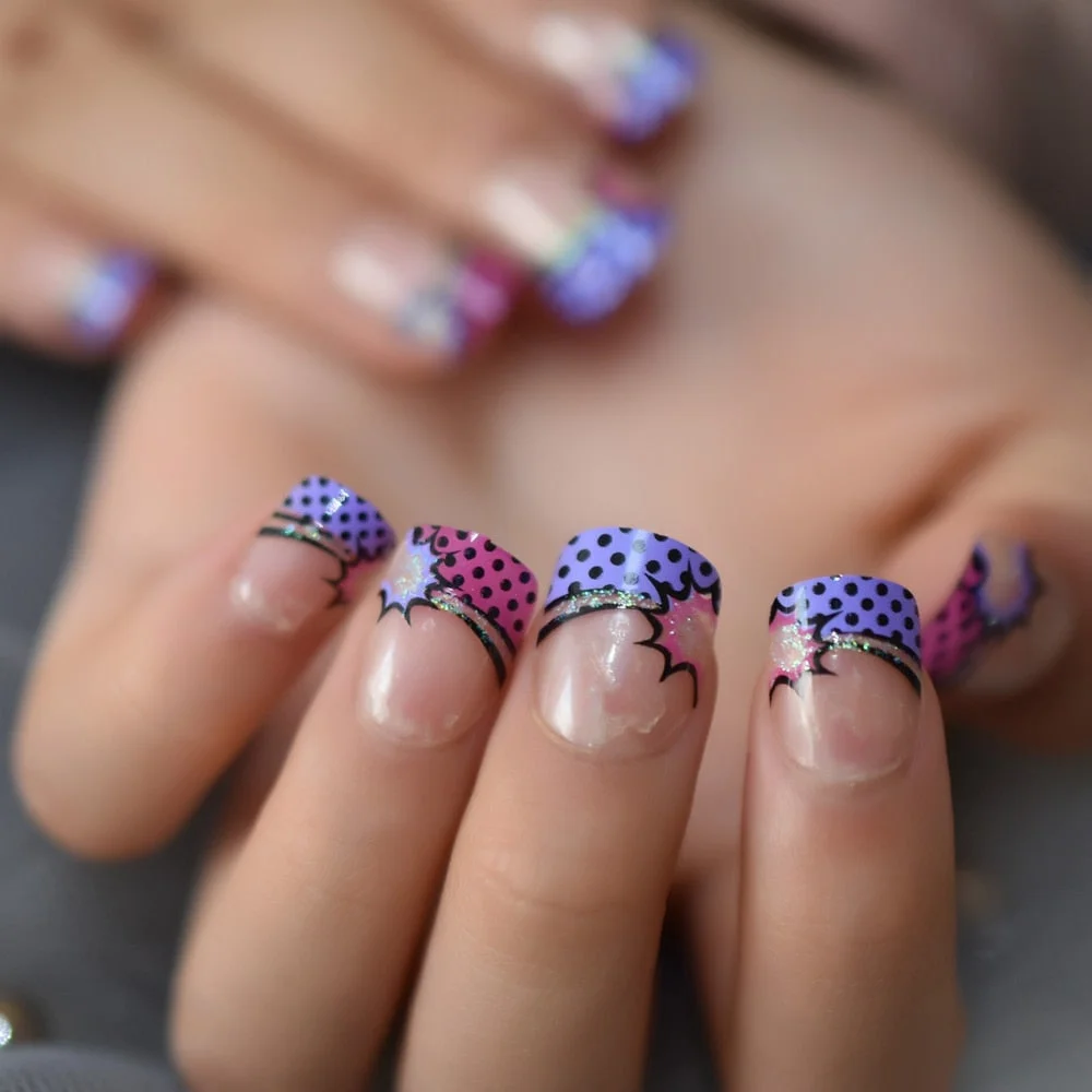 Boom Star French Nails Children Finger Decoration Pre-designed False Nails Purple Transparent Small Size Manicure Tips-Nail Inspo
