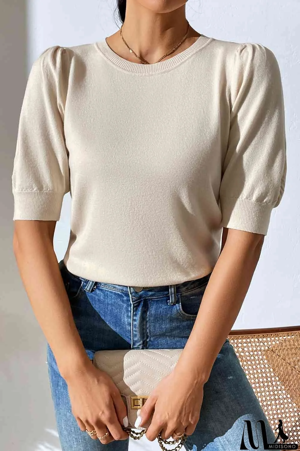 MidiSono - Round Neck Puff Sleeve Knit Top
