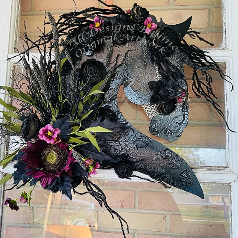 🔥Friesian Halloween Dark Wood Flower Horse Head Wall Art or Door Hanger🔥