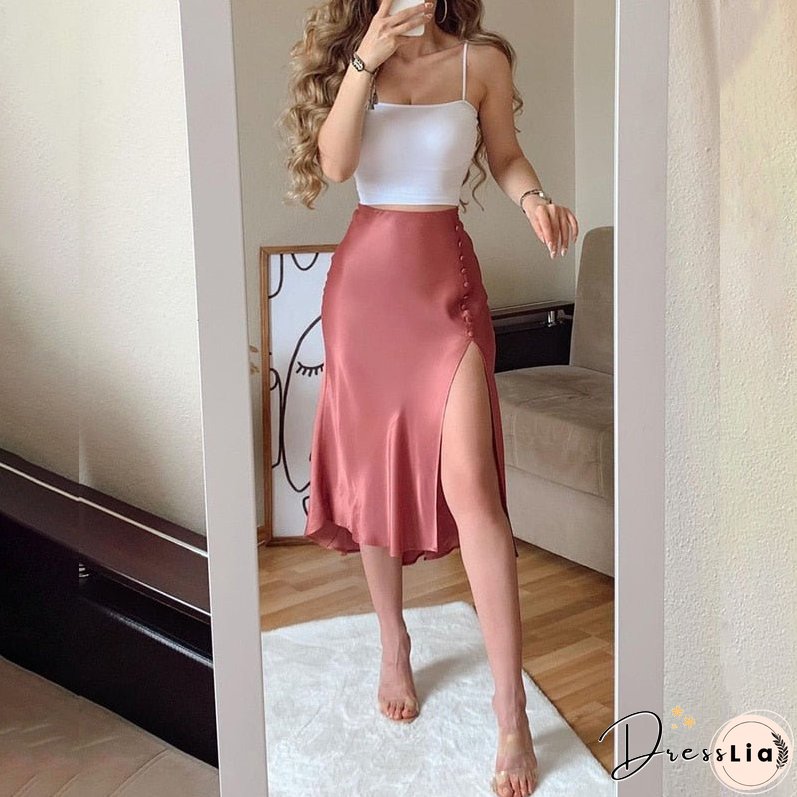 Fashion Women Two Piece Set Party Wear Solid Spaghetti Strap Cropped Top & Midi Slit Skirt Sets