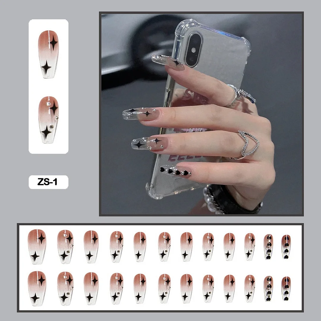 24PCS False Nails with Glue Rhinestones Long Trapezoid Detachable Pearl Stick on Nails Press on Nails Art With Wearing Tools-Nail Inspo