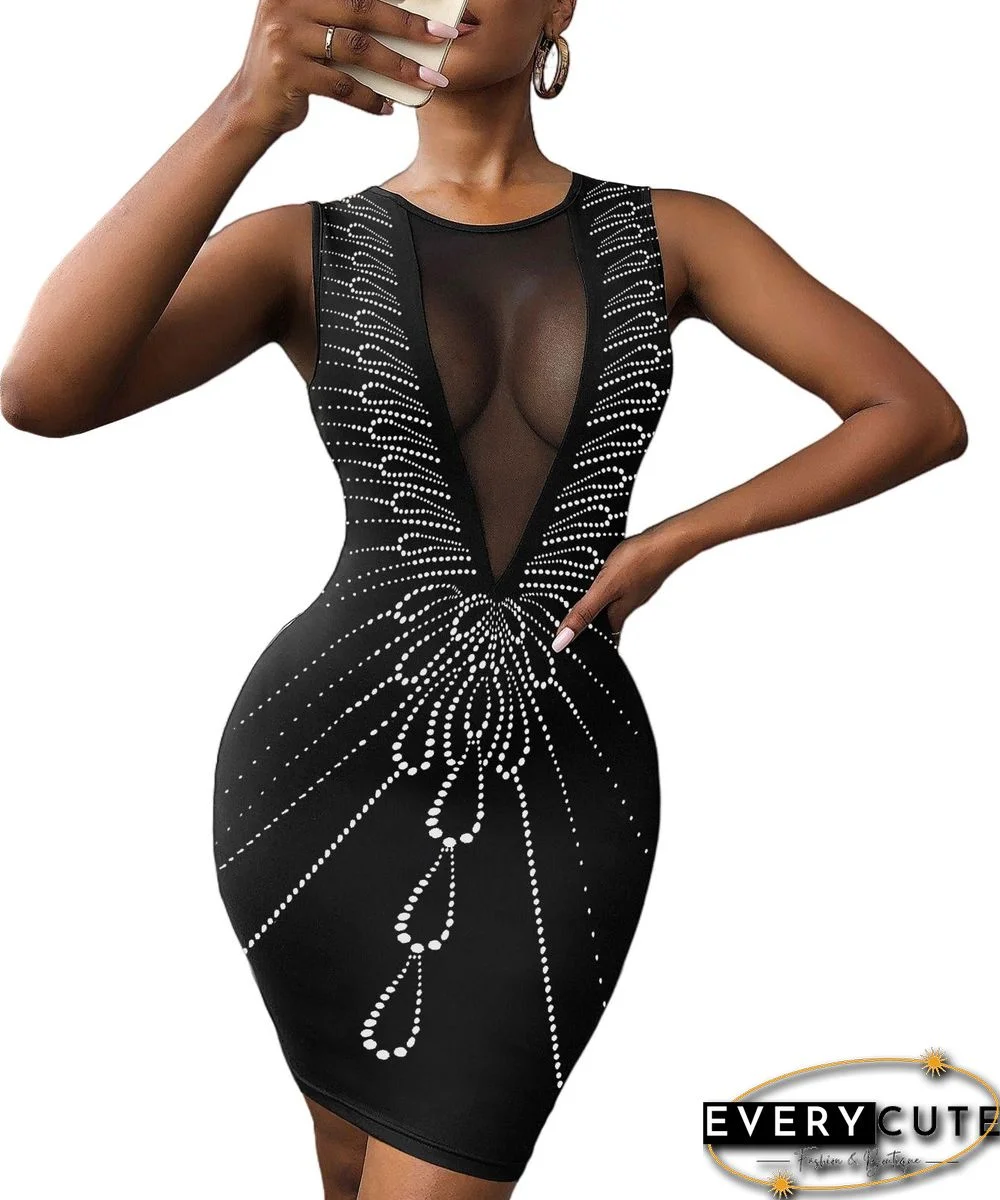 Black Rhinestone Spliced Mesh Sleeveless Bodycon Dress