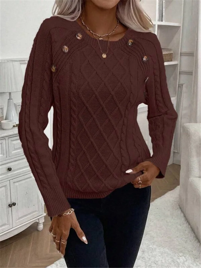 Athvotar Athvotar And Winter Button Design With Shoulder Sleeves Stifling Knitted Round-Neck Sweater