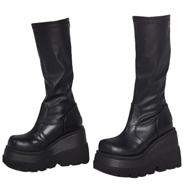 Women Harajuku Style Platform Chunky Heel Boots Black Leather Punk High Boots - Life is Beautiful for You - SheChoic
