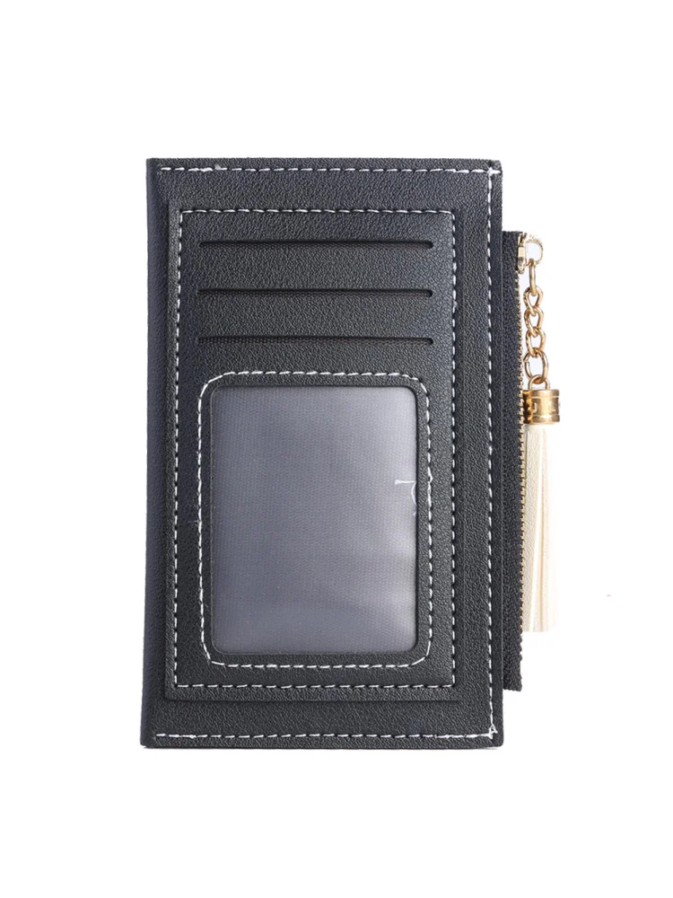 PU Solid Wallet Card Holder Bag Women Tassel Multi-slot Mini Purse (Black)