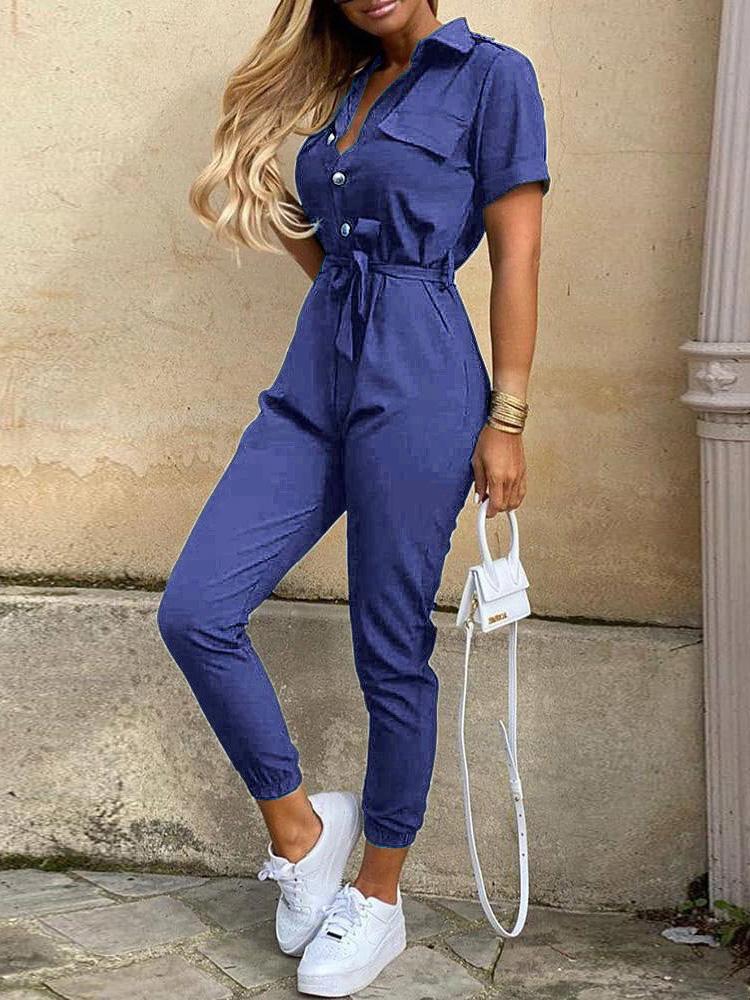 Women Half Sleeve V-neck Solid Color Dress