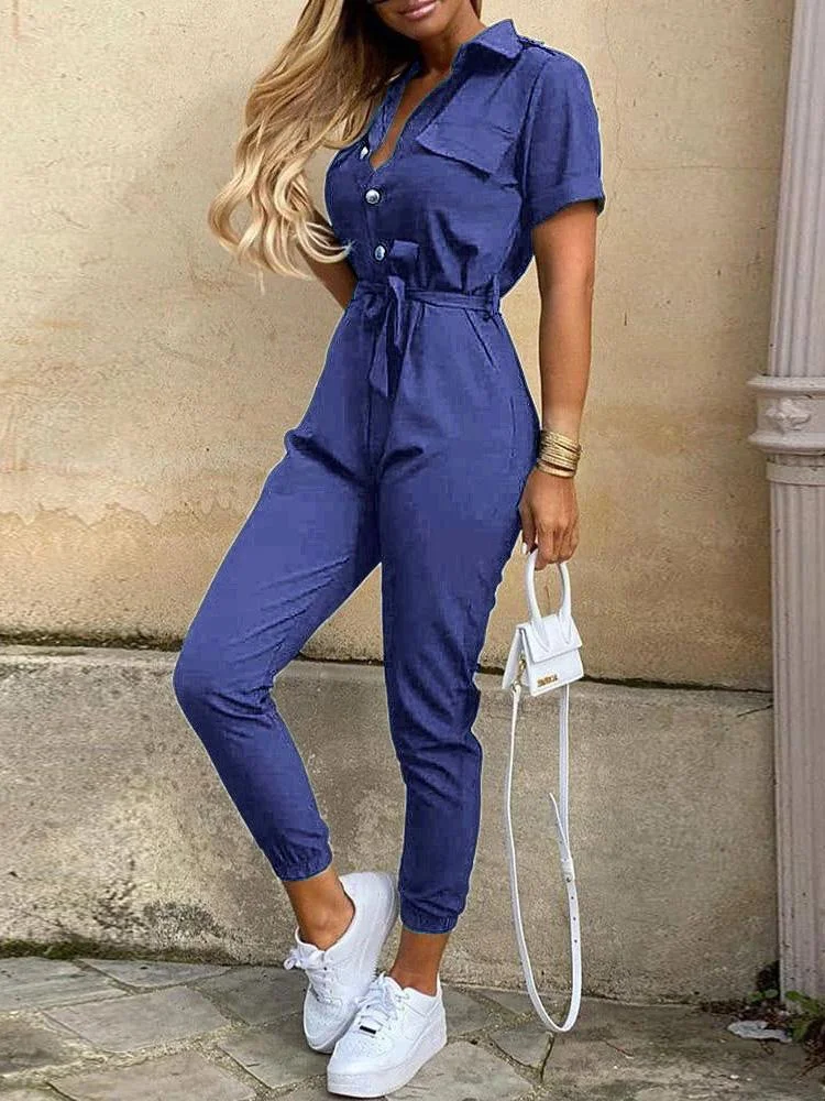 Women Half Sleeve V-neck Solid Color Dress