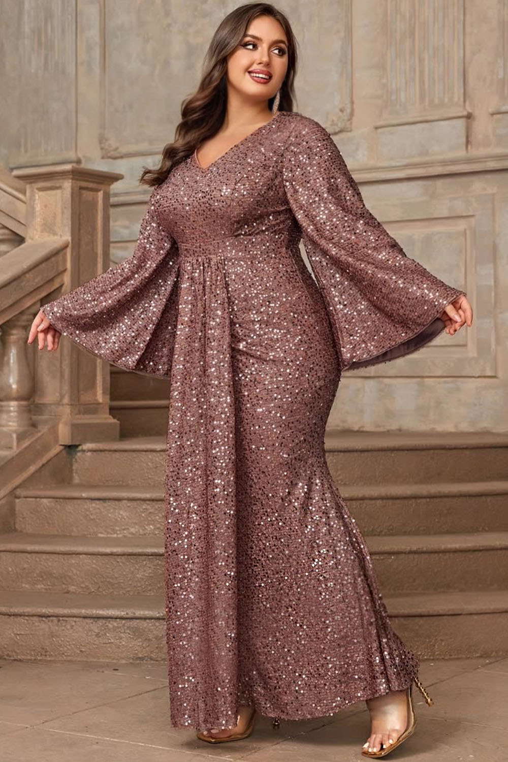 Plus Size Wedding Guest Plum Sequin Flare Sleeve Fishtail Maxi Dress