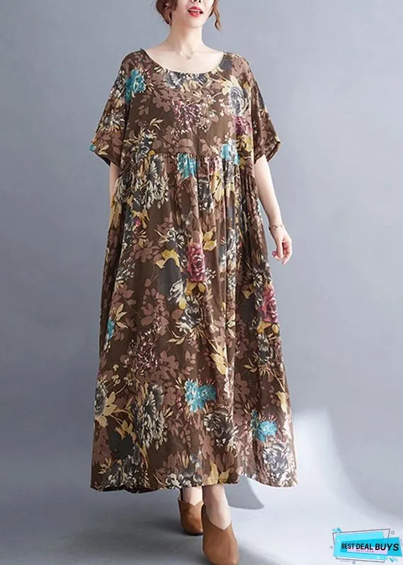 Women Coffee O-Neck Print Maxi Dress Short Sleeve