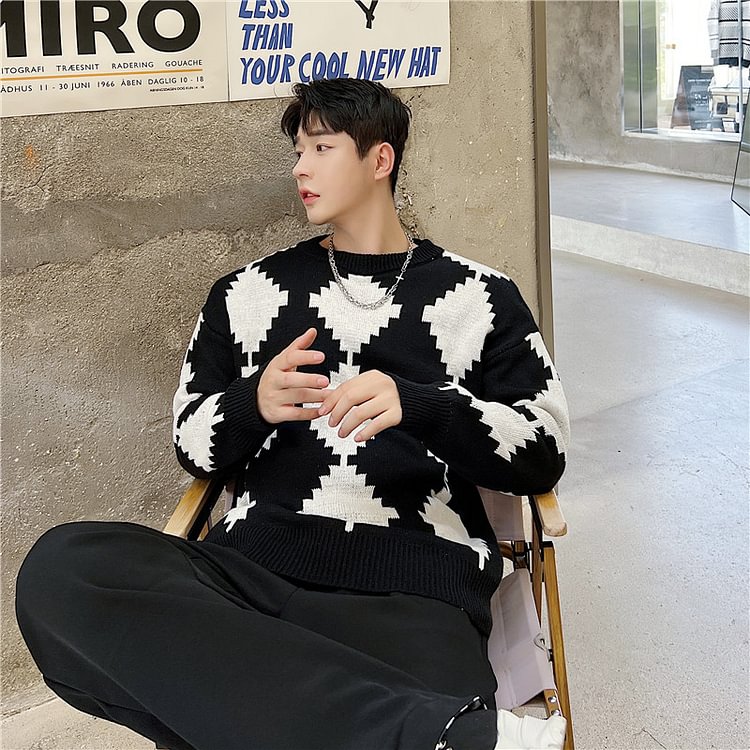 Dawfashion-Black and White Contrasting Color Pattern Casual Sweater-Yamamoto Diablo Clothing