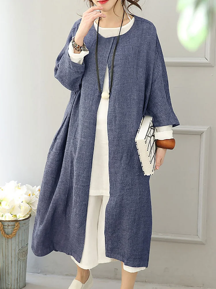Plus Size Women Casual Solid Loose O-Neck Coat