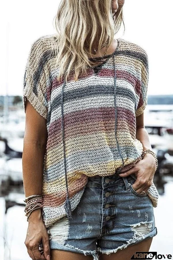 Weekend Living Colorful Lace Up Knit Top