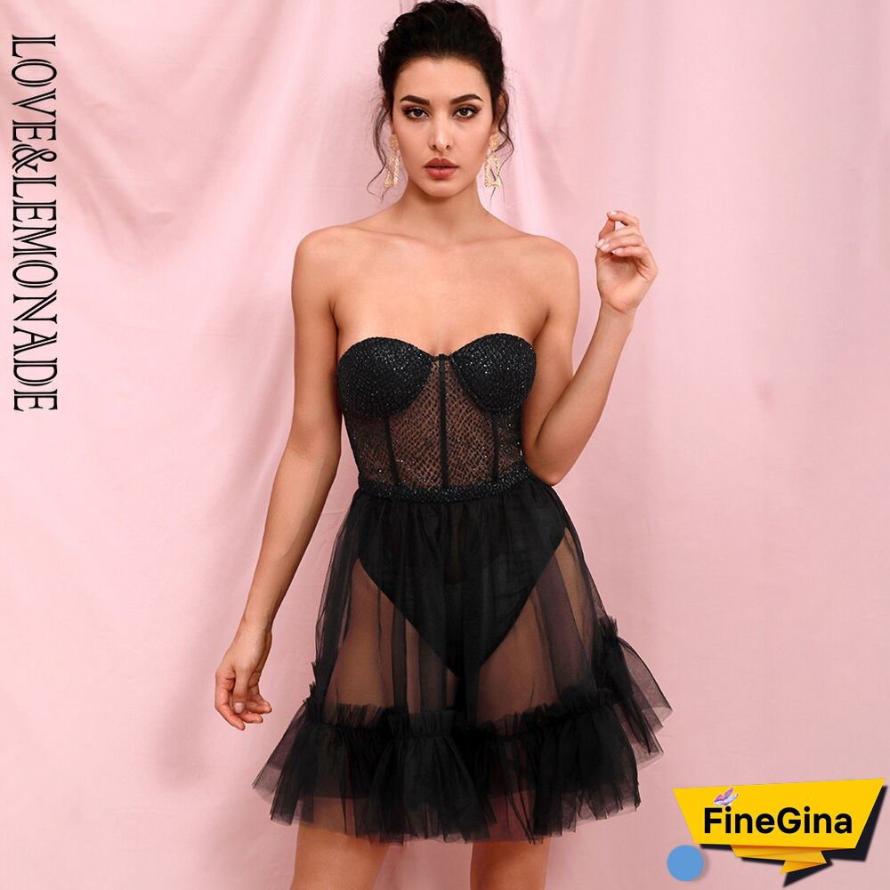 Black Sexy Tube Top Perspective Mesh Fluffy Shape Glitter Glued Party Mini Dress LM82353