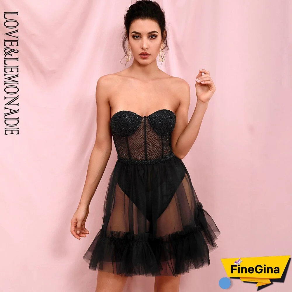 Black Sexy Tube Top Perspective Mesh Fluffy Shape Glitter Glued Party Mini Dress LM82353