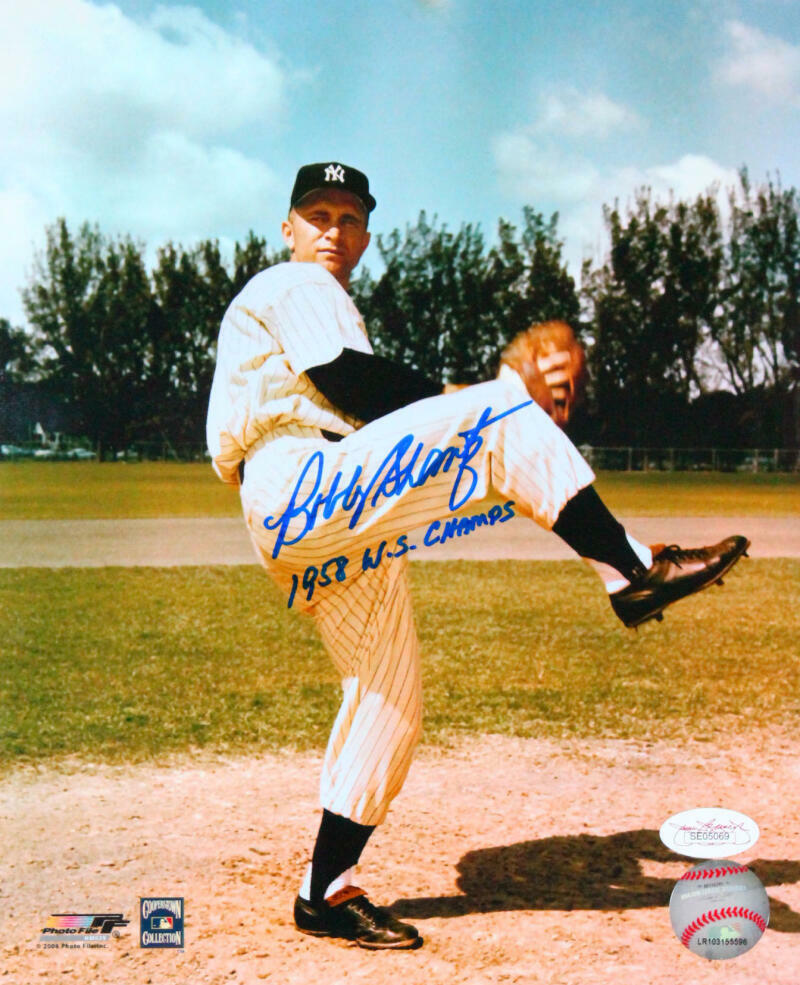 Bobby Shantz Autographed New York Yankees 8x10 Pitching Photo Poster painting w/ 1958- JSA *Blue