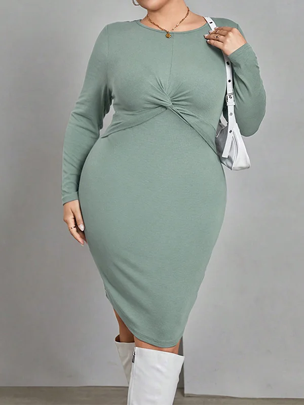 Knot Solid Color Long Sleeves Plus Size Round-Neck Mini Dresses