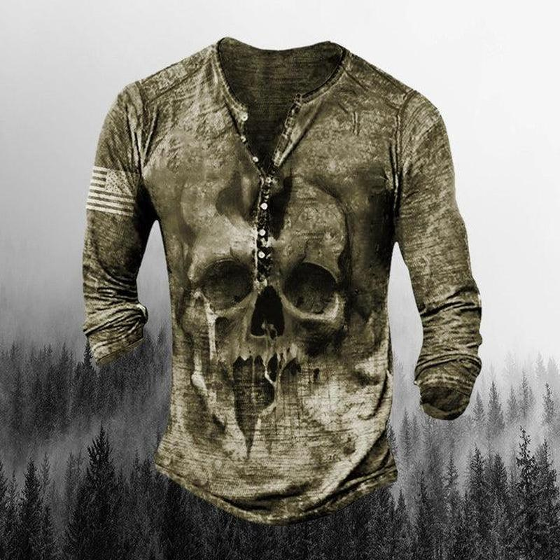 Men's Retro Comfy Skull Print Long Sleeve T-shirt