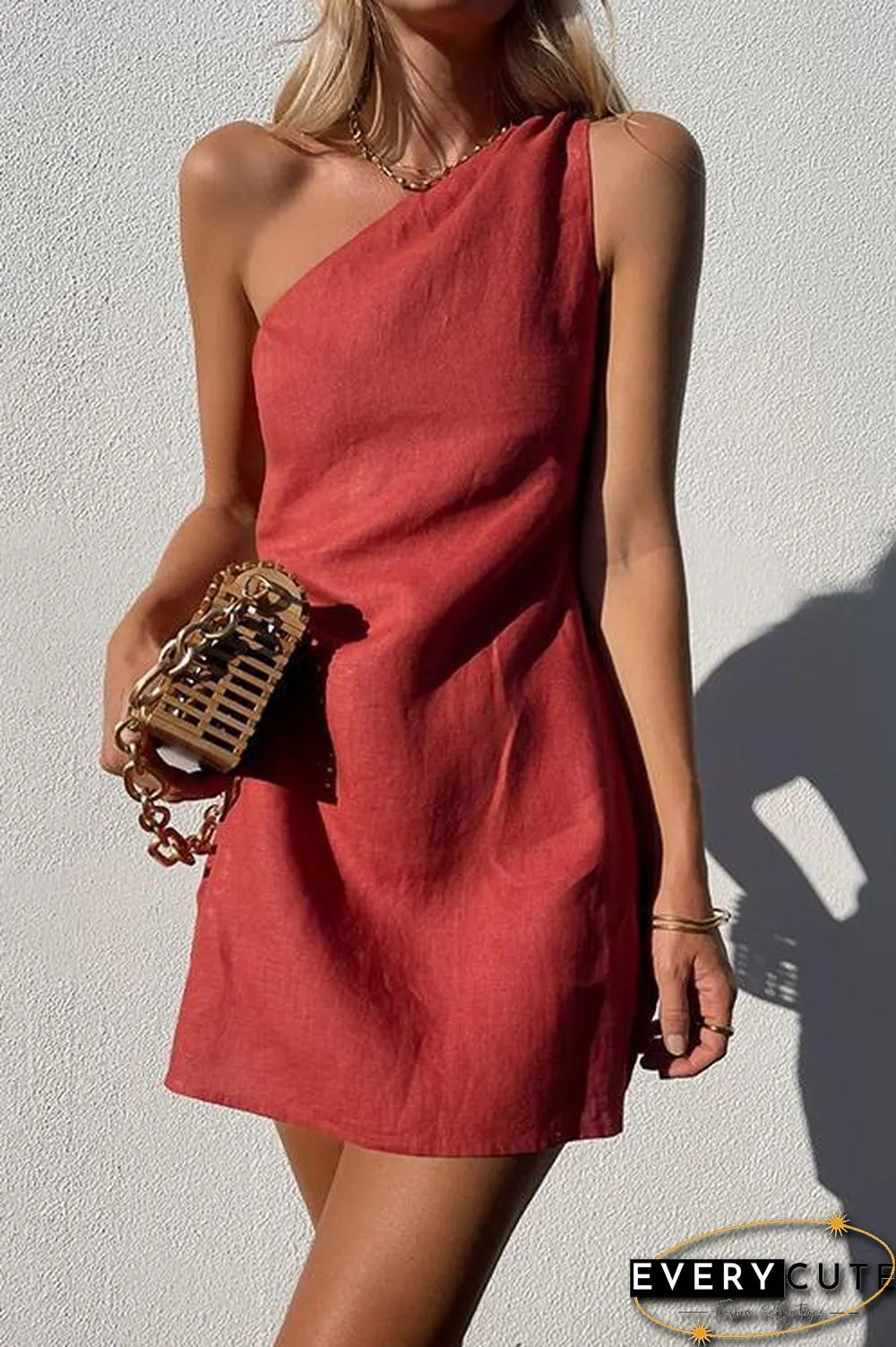 Minimalism One Shoulder Linen Mini Dress