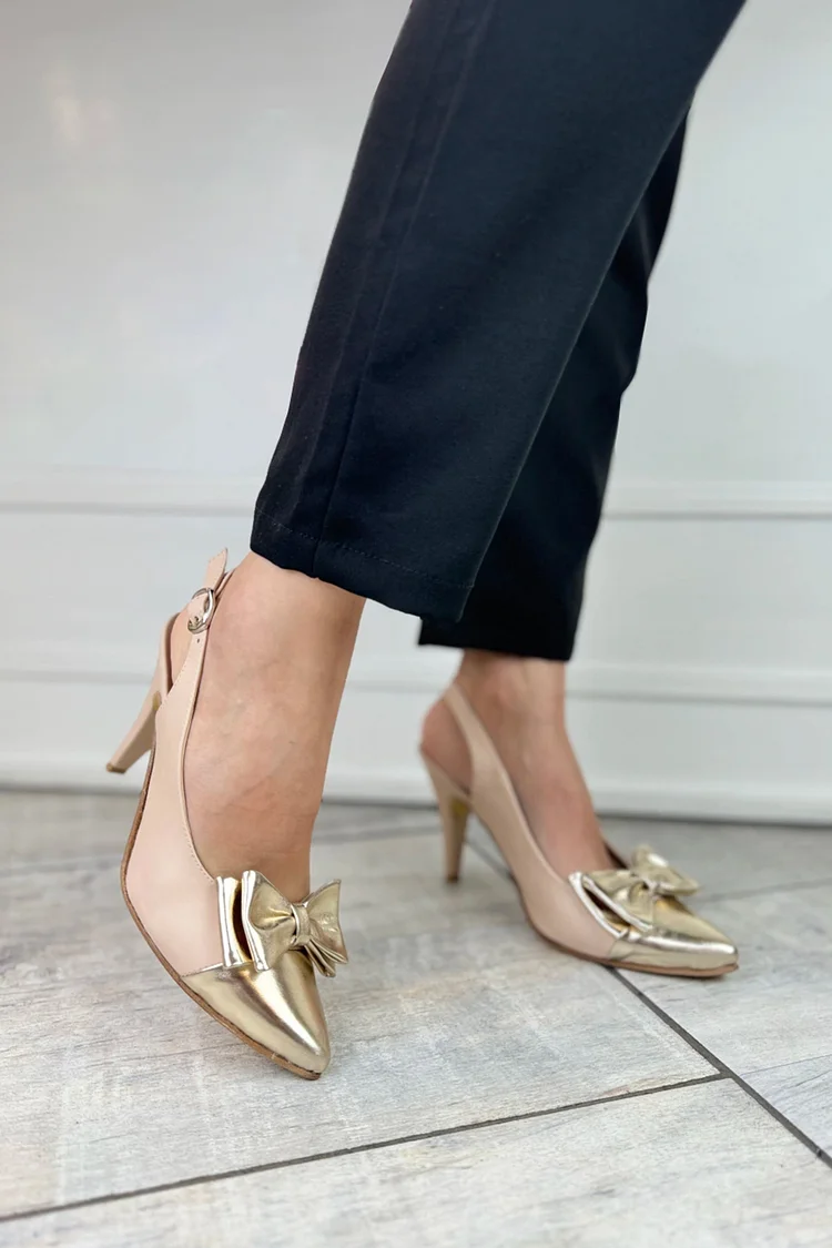 Metallic Sheen Bow Decor Pointed Toe Khaki Stiletto Heels [Pre Order]