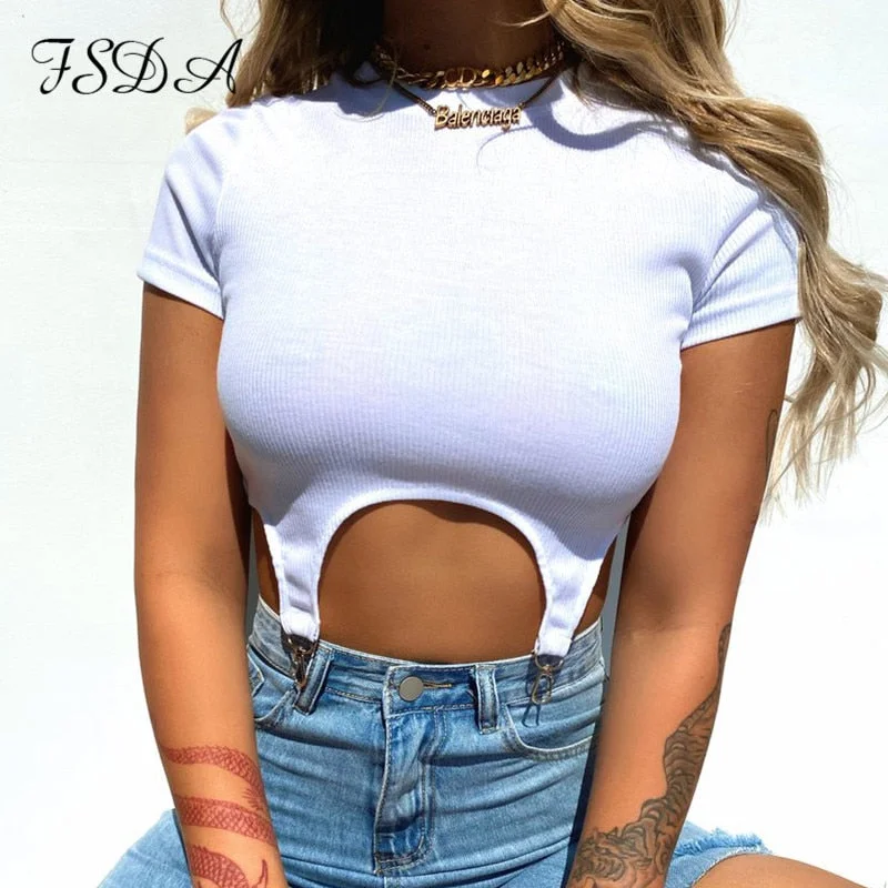 FSDA 2021 Knit Casual White Crop Top Short Sleeve Basic Summer T Shirt Black Sexy Ribber Design Women Top Shirts