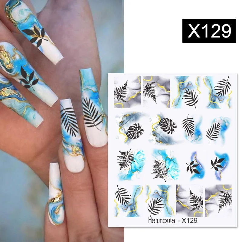 Harunouta Bubble Design Water Decals Sticker Ink Blooming Marble Black Leaves DIY Slider For Manicuring Nail Art Watermarks