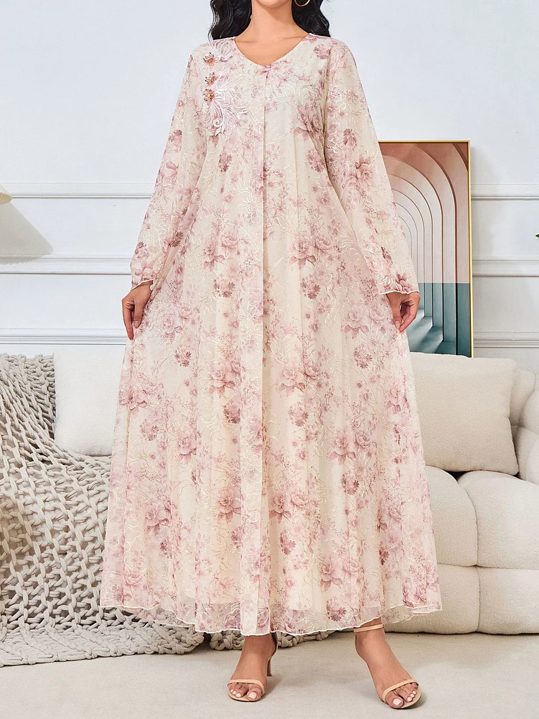 Women's Long Sleeve V-neck Floral Printed Maxi Dress