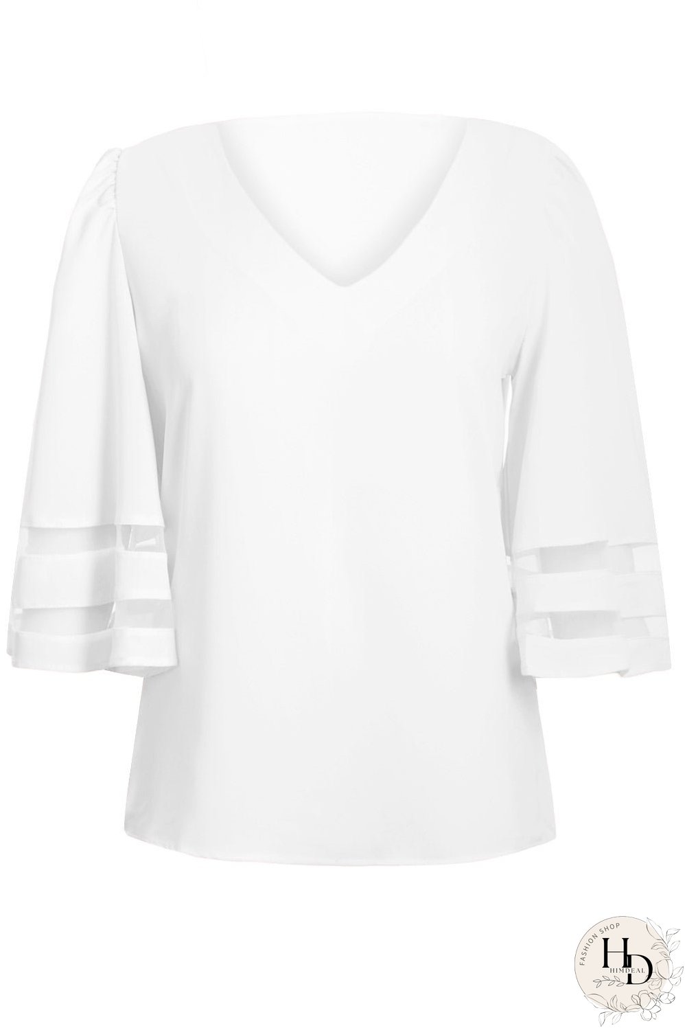 White Flare Sleeve V Neck Sheer Insert Blouse